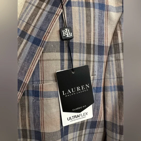 LAUREN Ralph Lauren Lassiter 100% Linen Blue, Brown and Tan Plaid Blazer, 46R - Picture 3 of 11